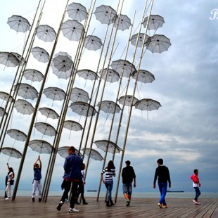 the "Umbrellas" sculpture by Giorgos Zogolopoulos in Thessaloniki, Greece