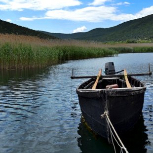 fishing boat at the small Prespa lake in Florina, Macedonia, Greece