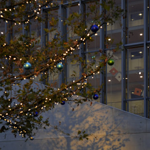 The sunset light and Christmas decorations outside the SNF, Cultural Center, Athens, GR