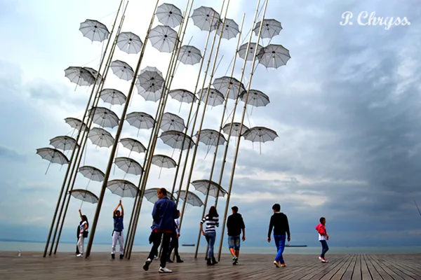 the "Umbrellas" sculpture by Giorgos Zogolopoulos in Thessaloniki, Greece